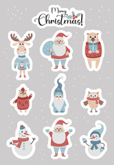 Set stickers of Christmas characters and animals. Santa Claus, gnome, snowman, bear and chipmunk, deer and owl in knitted clothes. Isolated vector cartoon characters for New Year design and decor.