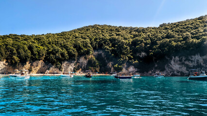 The view from the boat in Sivota Greece looking at the bay near the Blue Lagoon beach