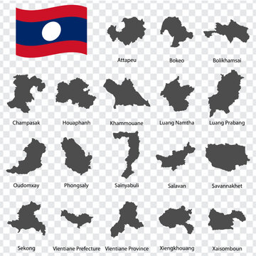 Eighteen Maps provinces of Laos - alphabetical order with name. Every single map of province are listed and isolated with wordings and titles.  Laos . EPS 10.