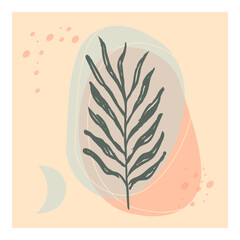 Aesthetic floral card design. Minimalist abstract art background with leaves branch and Hand Drawn doodle. Design for wall decoration, postcard, poster or social media.