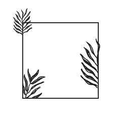 Square botanical frame element with leaves. Simple contour vector illustration.
