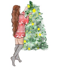 A girl decorating a Christmas tree Lady in a red jumper holiday illustration on white background
