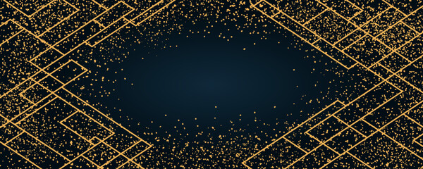 Golden glitter, geometric line elements, art deco frame on a dark background, with copy space. Flat style vector illustration. Abstract design. Concept New Year, birthday greeting card, poster, banner