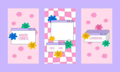 Set of social media stories templates in retrowave kidcore aesthetic. Vector illustration with retro computer windows and hippie daisy flowers. Vertical backgrounds in y2k, 00s, 90s style