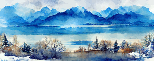 watercolor art background with mountains and lake