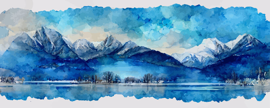 watercolor art background with mountains and lake