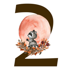 A watercolor brown alphabet with a bunch of flowers and an animal on a moonlight background, suitable for printing prints and posters, for postcards and design work.