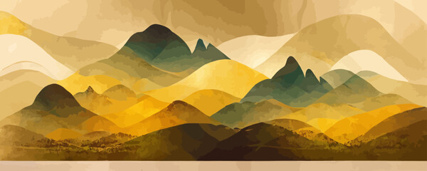  landscape art background with mountains hills and golden lines