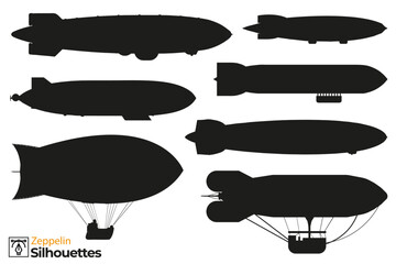 Collection of isolated zeppelin silhouettes.