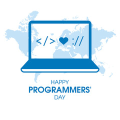 International Programmers' Day vector. Laptop computer with programming symbols blue silhouette icon isolated on a white background. Software design element. Important day