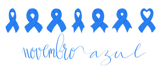 Novembro Azul translation from portuguese November Azure, Brazil campaign for men health issues awareness. Vector calligraphy and ribbon web banner