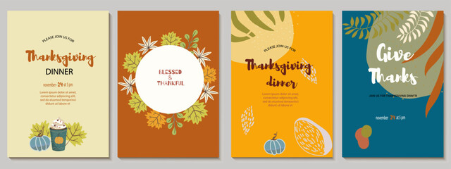 Set of invitations, menu, card design with pumpkin spice latte, pumpkin, abstract fruits, plants, spots, autumn palette. Good for Thanksgiving dinner or a fall birthday. Vector illustration.