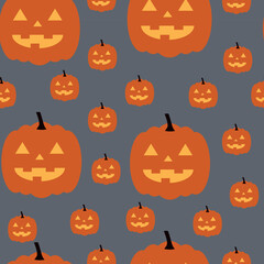 Seamless pattern for Halloween. Print with orange pumpkins on a dark background. Vector graphics