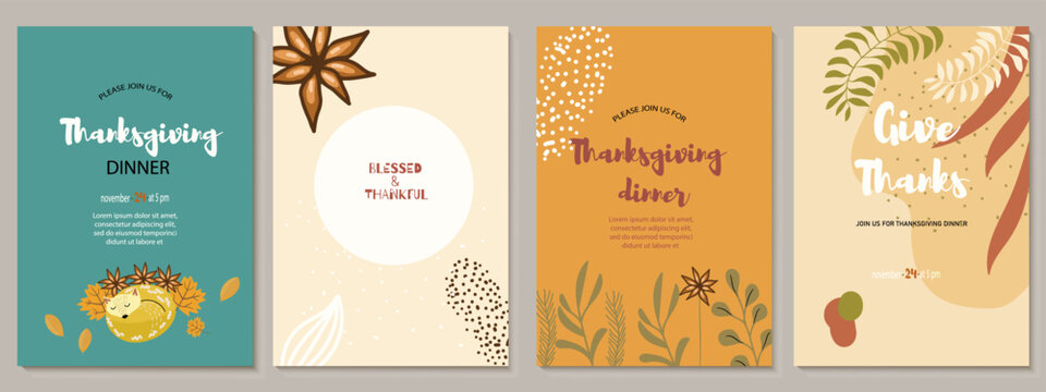 Set of invitations, menus, card design with fox, maple leaves, cinnamon, abstract fruits, plants, spots, autumn palette. Good for Thanksgiving dinner or a fall birthday. Vector illustration.