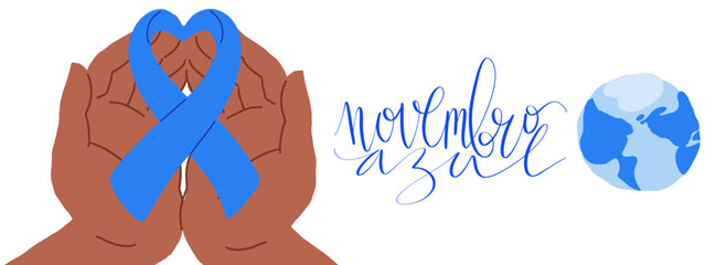 Novembro Azul translation from portuguese November Azure, Brazil campaign for men health issues awareness. Vector calligraphy and ribbon web banner