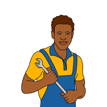 Mechanic With Wrench, American African Mechanic Man Holding Wrench Isolated Illustration