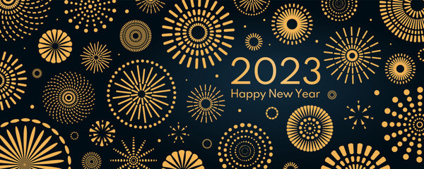 Golden fireworks 2023 Happy New Year, bright on dark background, with text. Flat style vector illustration. Abstract geometric design. Concept for holiday greeting card, poster, banner, flyer