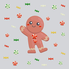 Gingerbread for Christmas holiday. Cheerful, cute gingerbread character. Vector illustration or sticker Merry Christmas and Happy New Year. Drawing for postcard, poster or background