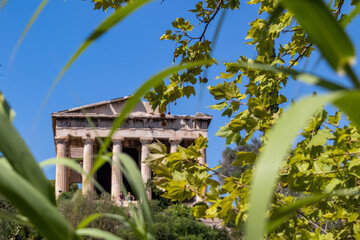 Scenic view of the temple of Hephaestus and Athena Ergane Agora, Athens, Attica, Greece, Europe....
