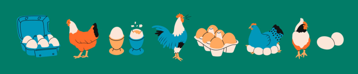 Chicken and eggs. Different hens, rooster, eggs in nest, boxes, boiled eggs. Farm birds, Easter, organic eco food concept. Design elements. Cute farm animals. Hand drawn Vector illustration © Dariia