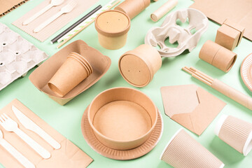 Eco paper utensils bundle, paper holders, envelopes and packaging tubes, wooden cutlery and pulp...