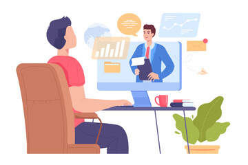 Back view of guy working or studying at computer. Businessman on screen, cartoon man working at office or home flat vector illustration. Online education, remote work, business concept for banner
