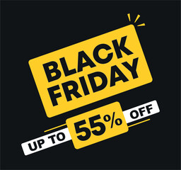 55% off. Sale of offers and special prices. Advertisement for purchases. Black friday campaign. Retail, store. Vector illustration