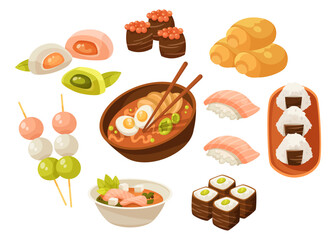 Japanese snacks and desserts vector illustrations set. Cartoon drawings of rice balls, dango, ramen, sushi with fish, wagashi or sweet snacks, mochi isolated on white background. Japanese food concept