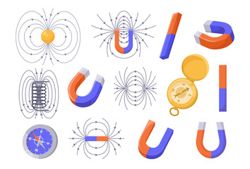 Magnets and compass vector illustrations set. Cartoon drawings of horseshoe magnet, electromagnetic field, magnetic flux or force isolated on white background. Physics, science, magnetism concept