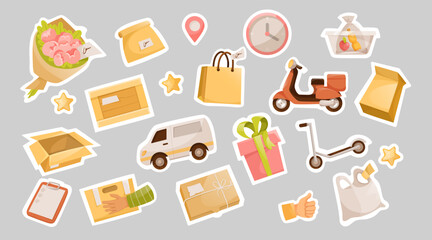 Cute fast delivery elements vector illustrations set. Stickers with car or transport for delivering orders, hand of courier holding parcels on grey background. Delivery service, free shipping concept