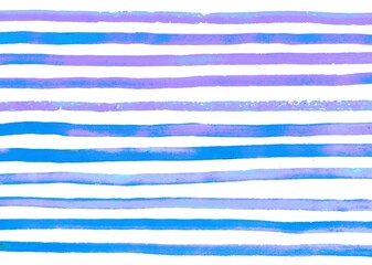 Watercolor blue and white stripes background. Hand painted lines