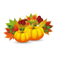 Naklejka na ściany i meble Happy thanksgiving day greeting card with turkey bird, pumpkin and autumn leaves