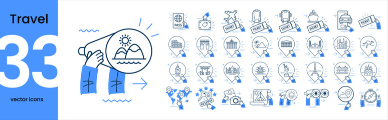 Set of conceptual travel icons. A collection of various scenes and situations on the theme of travel. Attraction icons, transportation for travel, hotel booking, vacation location search. © vladgrin