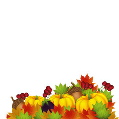 Happy thanksgiving day greeting card with turkey bird, pumpkin and autumn leaves