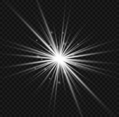 Set of glowing white stars bursts with sparkles. Sunlight special lens flare light effect. Shine, sparks, flash on transparent background. Glowing lights, star sparkl. Transparent shining sun. Vector.