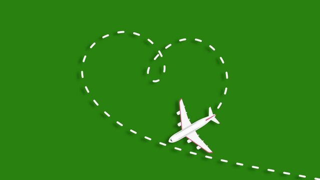 animation with white plane flying on green background leaving a heart trail behind.