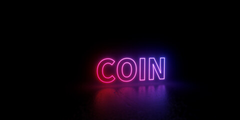 Coin wordmark word text 3d rendered outline neon style illustration isolated on black background