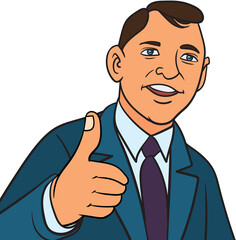 A businessman with a cheerful smile gives a thumbs up. Pop art hand drawn style illustration design transparent background