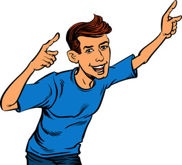 A man with a cheerful smile pointing up. Pop art hand drawn style design illustrations transparent background.