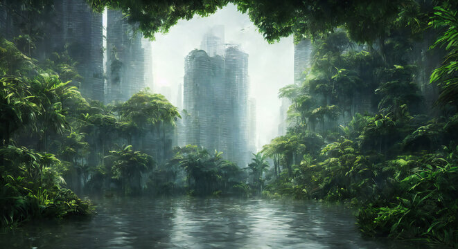 overgrown post-apocalyptic city, flooded cityscape