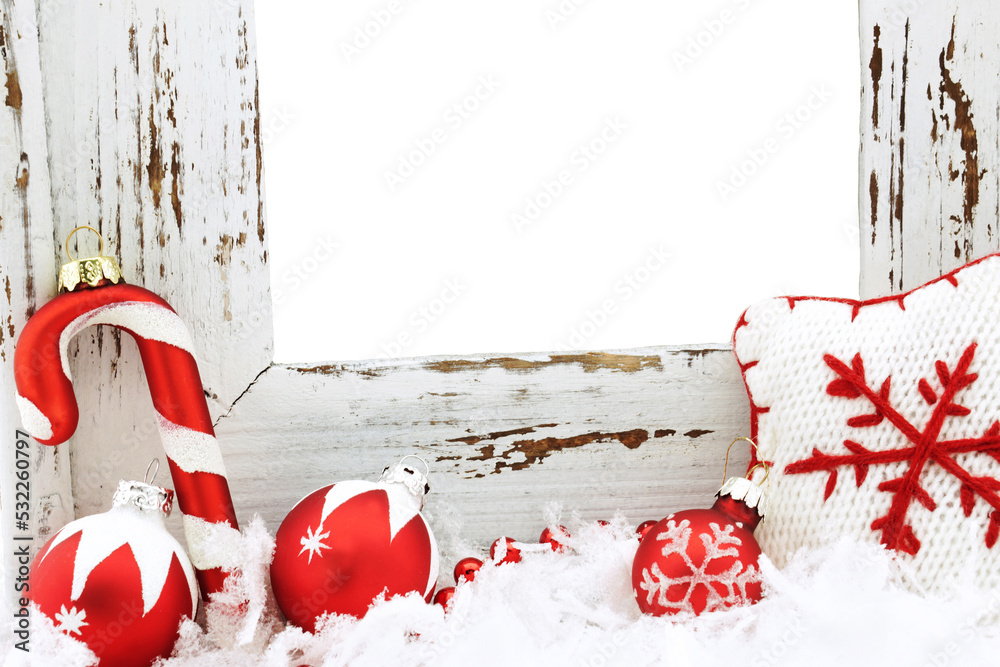 Wall mural wood frame background with christmas decor and snow with copy space in the center isolated on transp