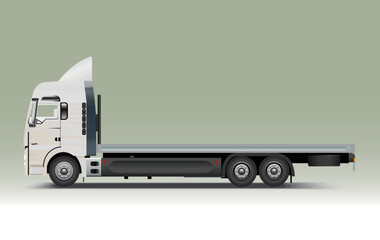 White cargo flatbed truck, side view, realistic vector illustration