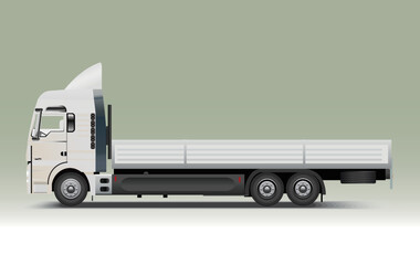 White cargo flatbed truck, side view, realistic vector illustration