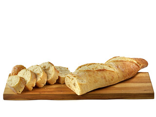 Crusty sliced baguette on wooden cutting board isolated on white background