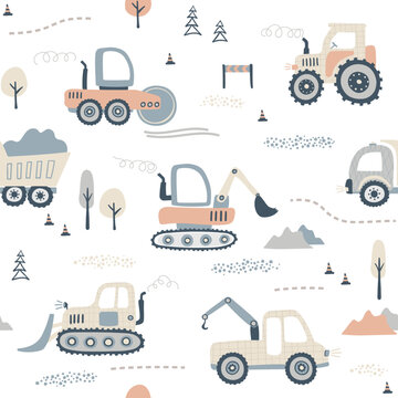 Kids hand drawn seamless pattern with cute tractor