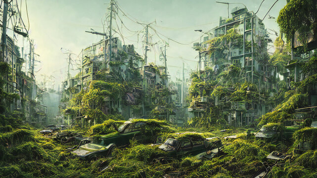 post-apocalyptic city, abandoned overgrown buildings
