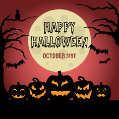 Happy Hallowen party invitation october 31st with 5 pumpkins and bats 