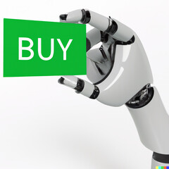 Trading bot concept, a robotic arm holding a card with buy text