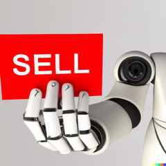 Trading bot concept, a robotic arm holding a card with sell text 