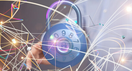 secure lock - padlock holding in hand access concept 3d